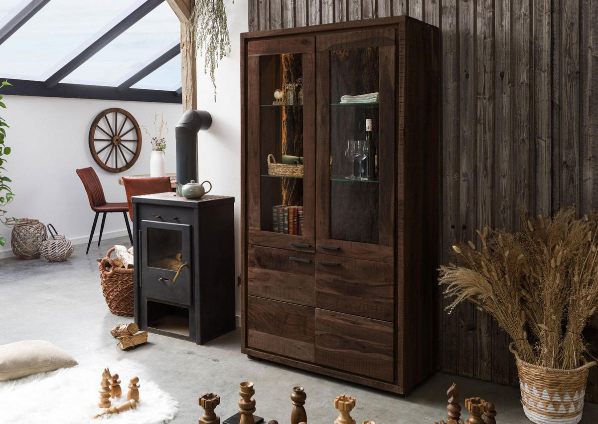 VITRINE Akazie 98x40x180 dunkelbraun lackiert BARK #208 - Dunkelbraun, Holz (98/180/40cm) - Massivmoebel24