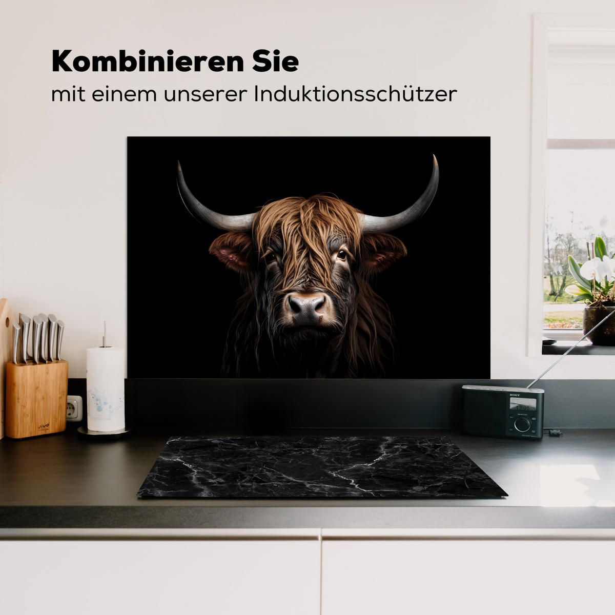 SPRITZSCHUTZ KÜCHE Schottischer Highlander - Porträt - Schwarz - Tier 80x55 cm - Braun, Metall (80/0.3/55cm) - MuchoWow