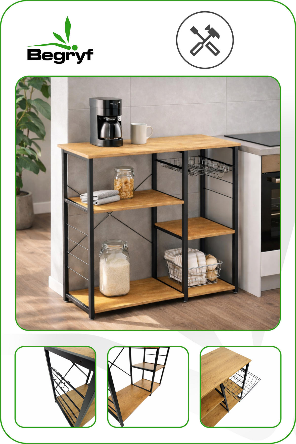 KÜCHENREGAL Holzoptik Metall Eichefarben Schwarz Küchenorganizer 84x90x40 cm - Eichefarben/Schwarz, Holzwerkstoff/Metall (90/84/40cm) - Begryf