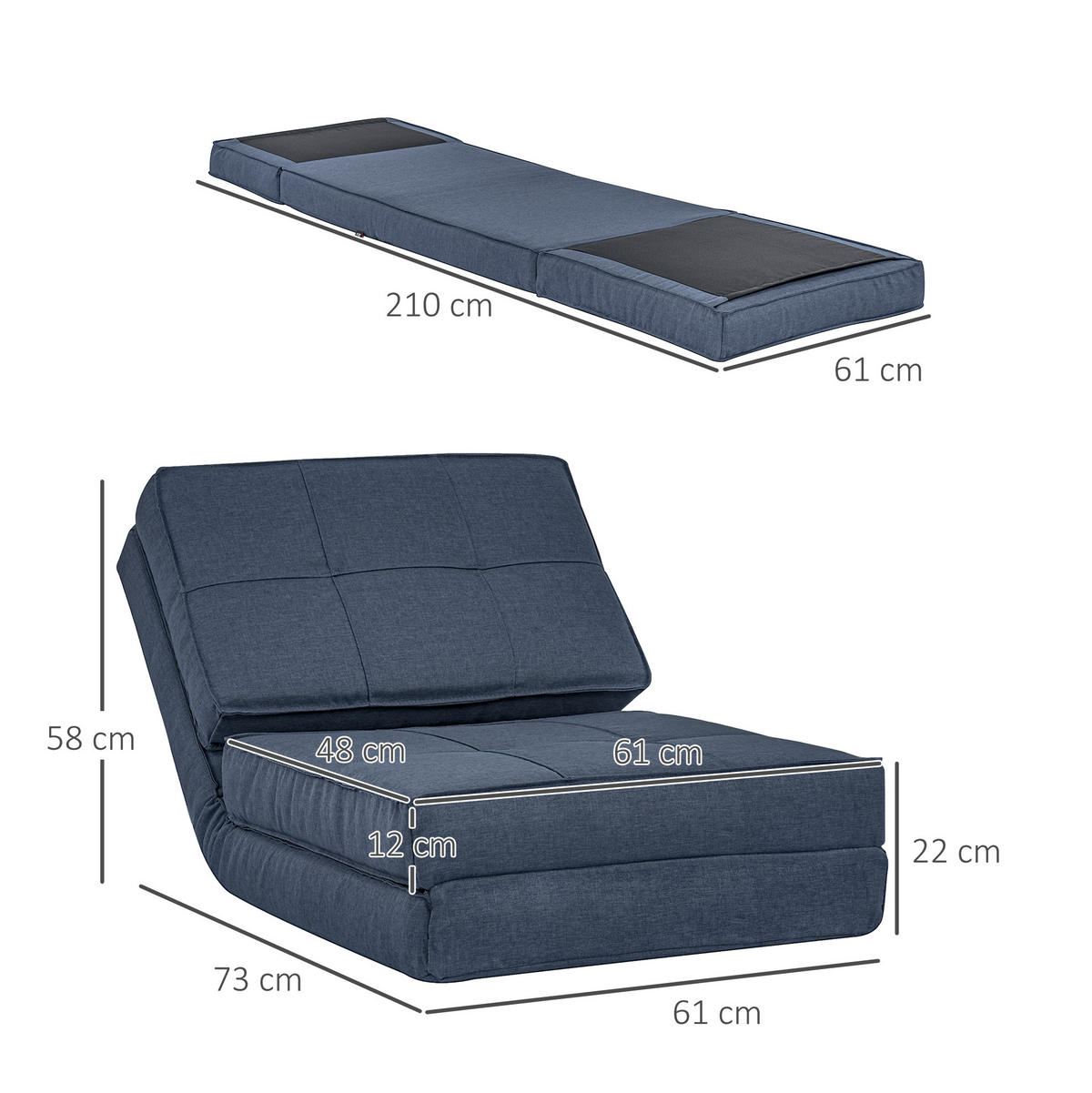 BODENSESSEL 3-in-1 mit verstellbarer Rückenlehne 61/73/58 cm Blau - Blau, Textil (73/58/61cm) - Redom