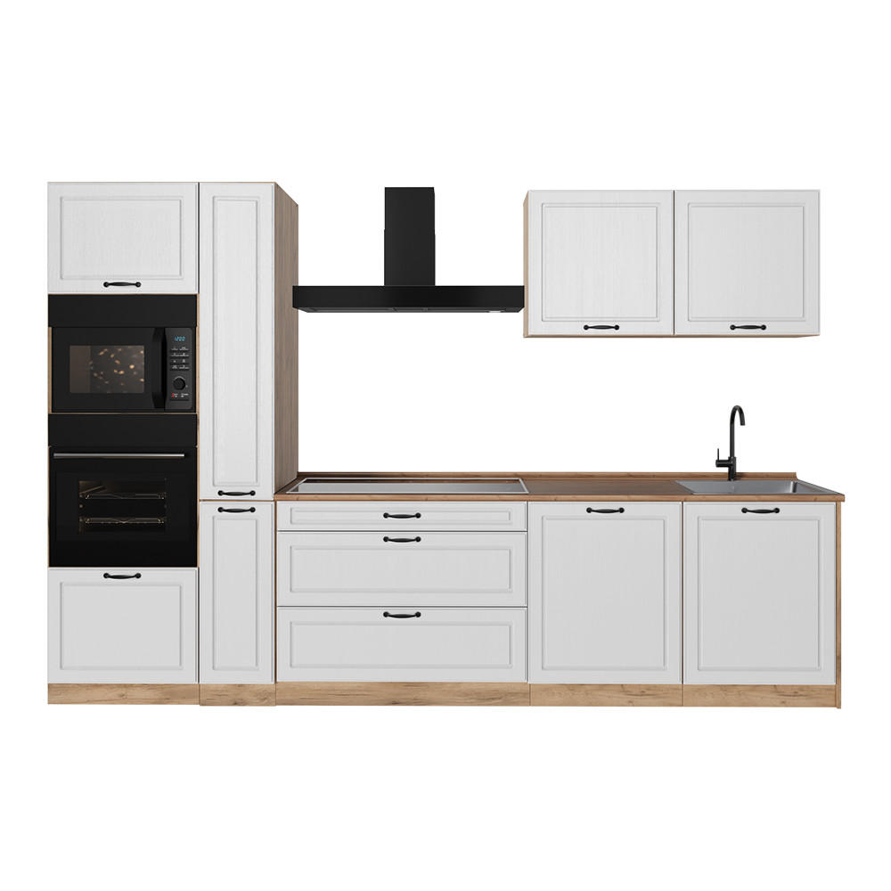 KUCHYNKA R-Line, Biely vidiecky dom/Dub Goldkraft, 310 cm Goldkraft tammi työtaso - biela/farba duba, kompozitné drevo (310/206.8/60cm) - Vicco