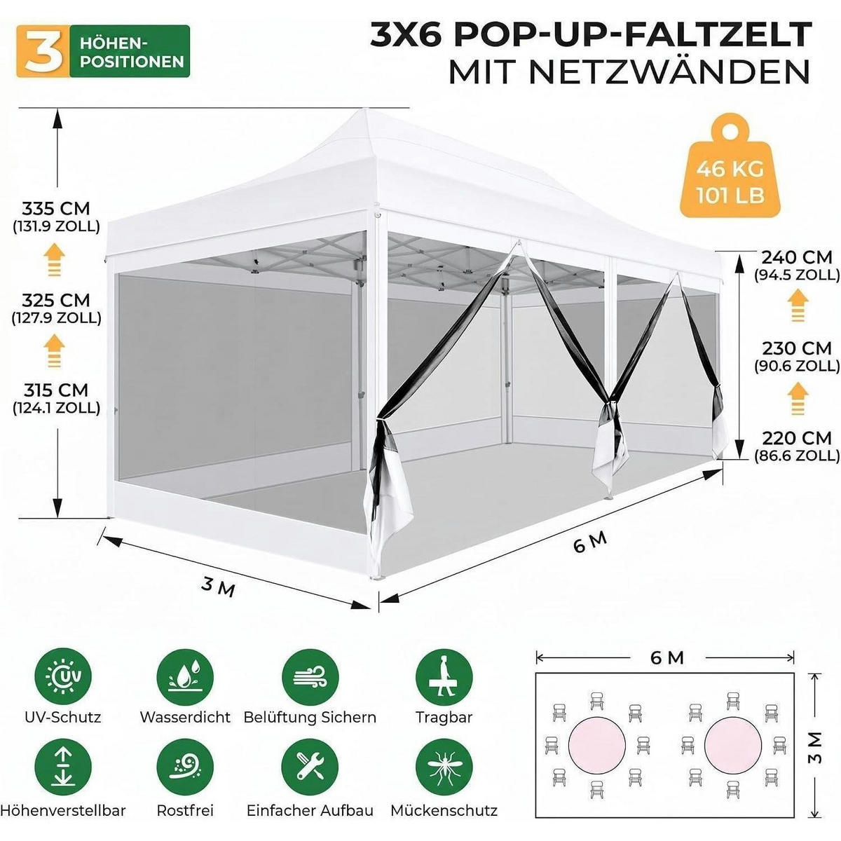 FALTPAVILLON 3x6m Wasserdicht mit 6 Seitenwänden Weiß - Weiß, Textil (300/335/600cm)