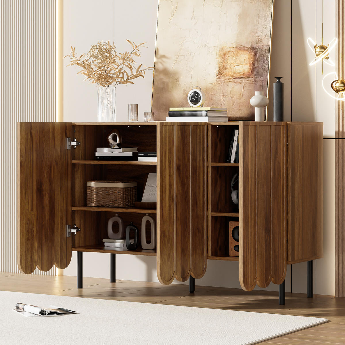 SIDEBOARD aus MDF in Walnussoptik mit Wellentüren und griffloser Rebound-Öffnung, 120/35/80 cm, Walnussoptik - Naturfarben, Holzwerkstoff (35/80/120cm) - Redom