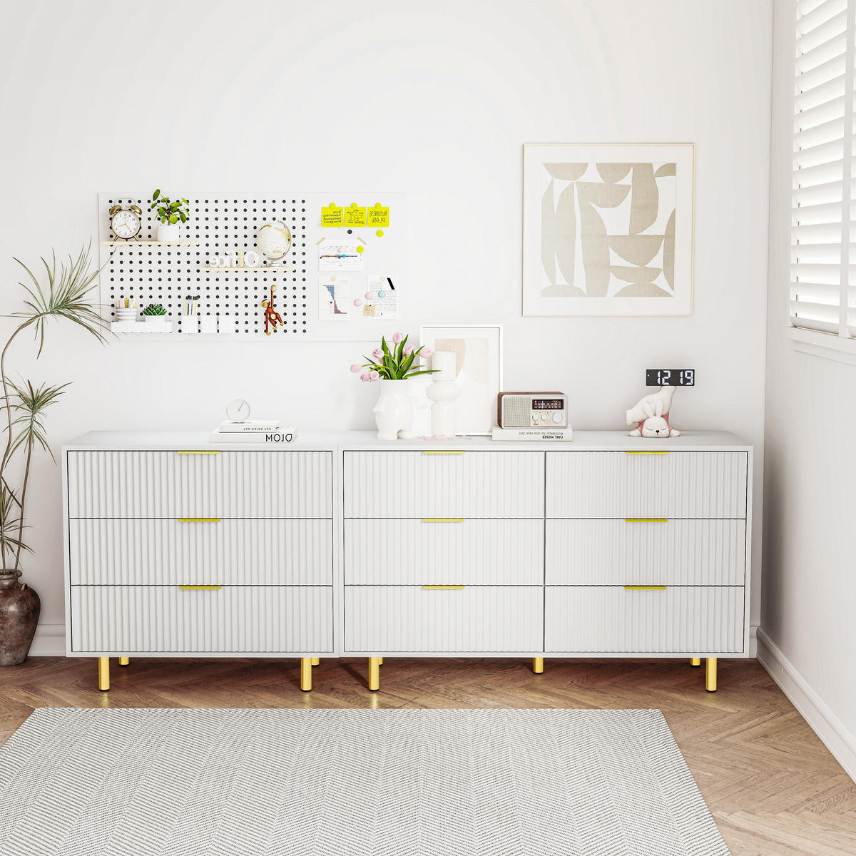 SIDEBOARD aus MDF 200x40x72 cm Weiß mit 9 Schubladen, modularer Aufstellung und goldfarbenen Metallbeinen - Weiß, Holzwerkstoff (200/72/40cm) - Modfu