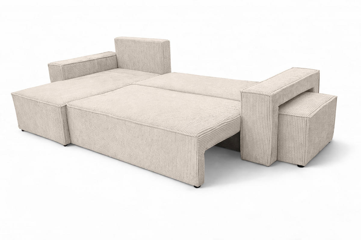 ECKSOFA Mit Schlaffunktion Und Pouf, Cordstoff Poso, Beige, Links, Best L Mit Pouf - Creme, Holz (244/145cm) - Kaiser Möbel
