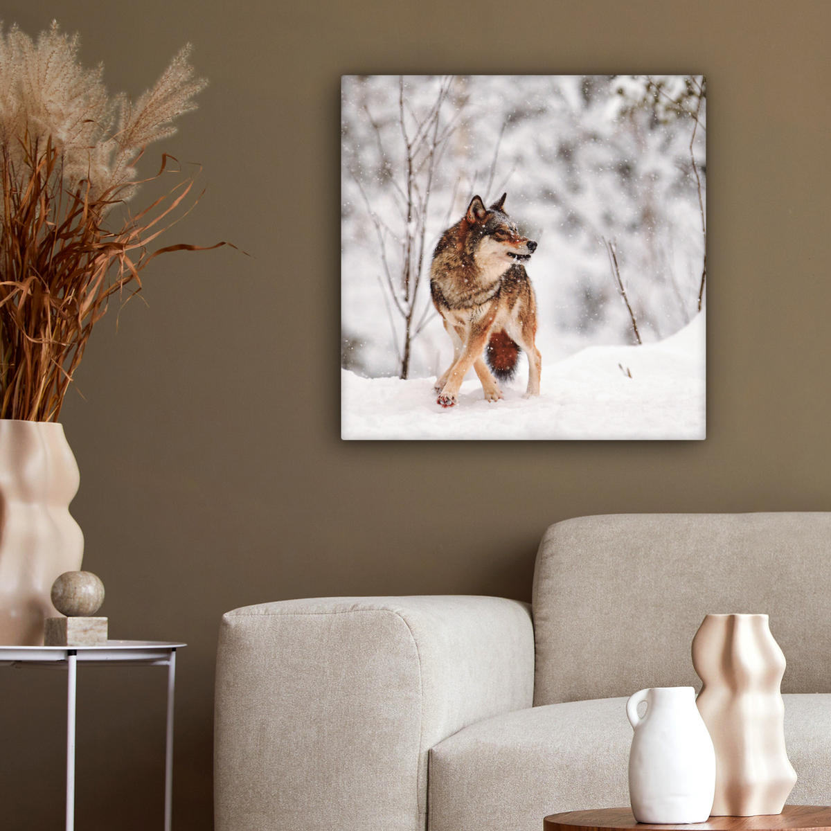 LEINWANDBILD Wolf - Winter - Schnee - Natur - Tiere 50x50 cm - Haselnussfarben, Textil (50/50cm) - MuchoWow