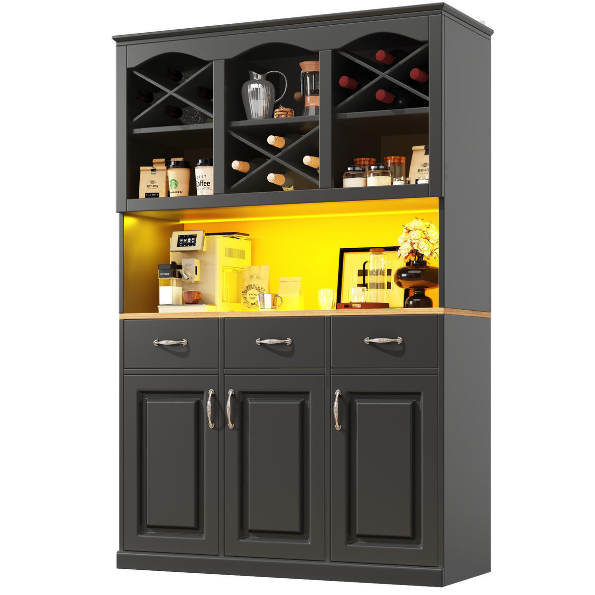 BUFFET 120/40/180 cm in Schwarz mit 3 Türen, 3 Schubladen und LED-Beleuchtung - Schwarz, Holzwerkstoff (120/180/40cm) - Flora Grace