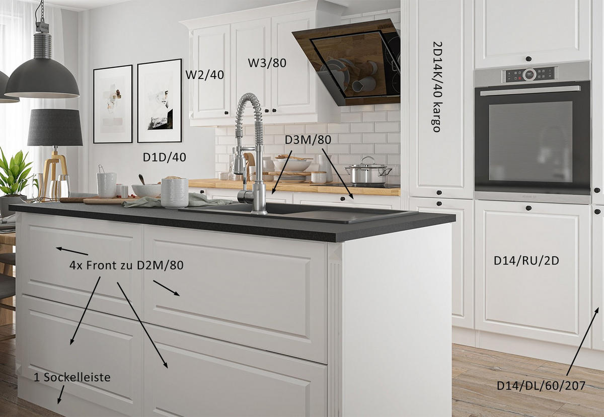 KÜCHENLEERBLOCK MIT KÜCHENINSEL Pescara weiß matt / RAL 9003 signalweiß matt (K5) 360 / 59 / 207cm und 160 / 50 / 82cm 11-teilig - Weiß/Grau, Holzwerkstoff/Metall (360/207/59cm) - Feldmann-Wohnen