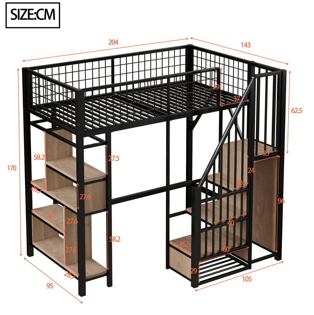 HOCHBETT 90/200 cm aus Metall und Holz mit Stauraumtreppe Schwarz - Schwarz, Metall (90/200cm) - Modenvie