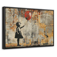 LEINWAND Bilder mit Rahmen - Graffiti - Banksy - Mädchen - Straßenkunst - 60x40 - Sandfarben, Textil (60/40cm) - MuchoWow