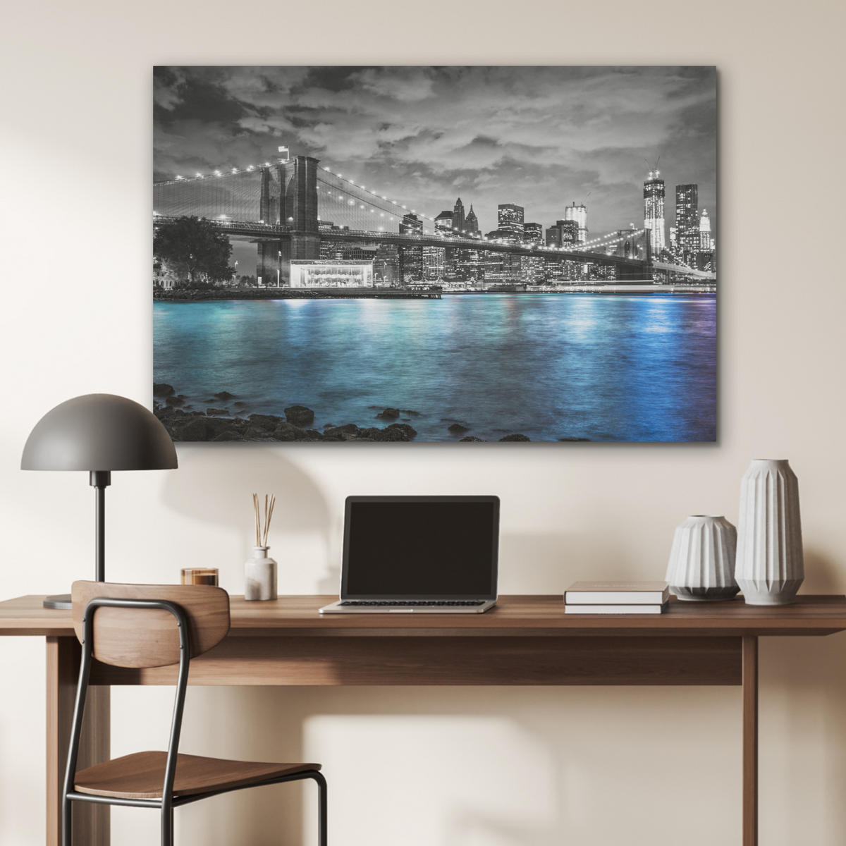 AKUSTIKPANEEL New York - Skyline - Stadt - Blau 100x70 cm - Blaugrau, Textil (100/0.9/70cm) - MuchoWow