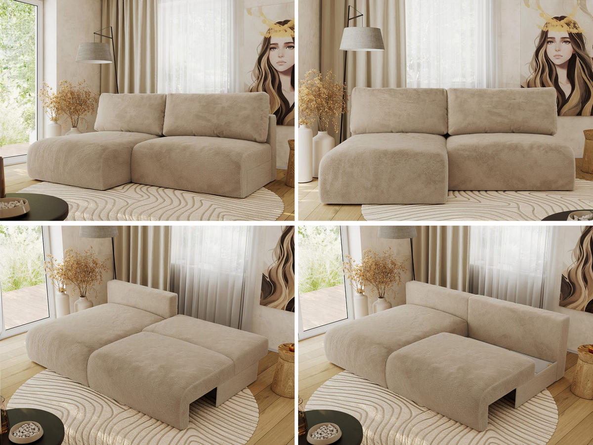 ECKSCHLAFSOFA VIVO L Beige Plüsch - links - Beige/Schwarz, Kunststoff/Textil (223/150cm) - MKS