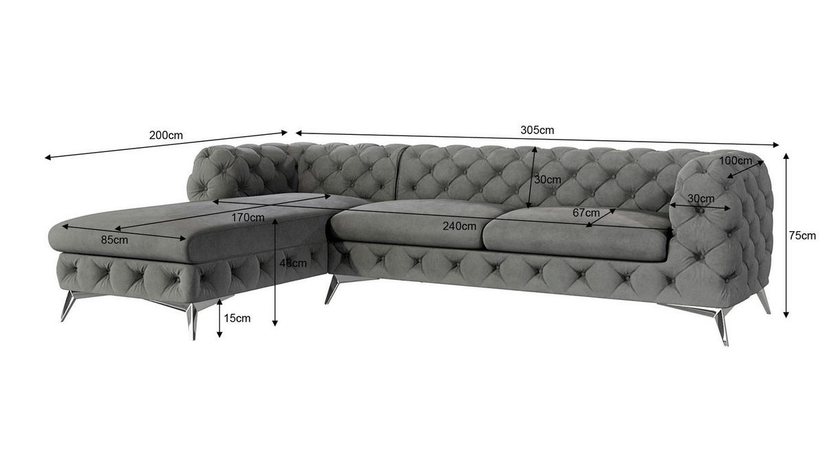 ECKSOFA Chesterfield Laura Grau Samt - Silberfarben/Grau, Holz/Textil (305/200cm) - S-Style Möbel