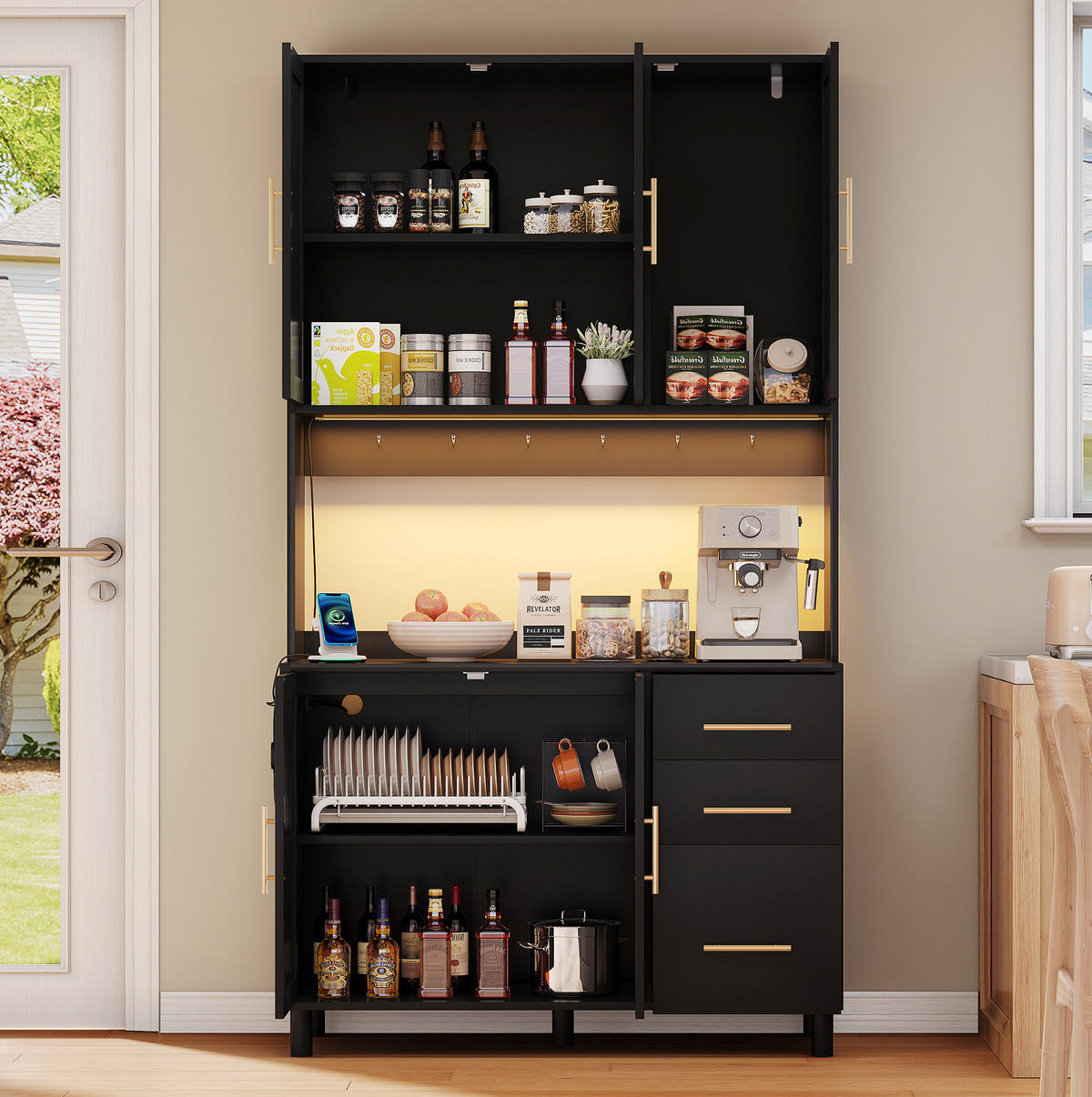 ANRICHTE Küchenanrichte 183 cm aus MDF mit LED-Beleuchtung und verstellbaren Einlegeböden Schwarz - Schwarz, Holzwerkstoff (100/183/40cm) - Modenvie