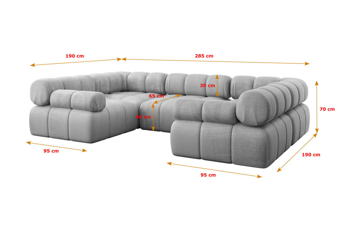 WOHNLANDSCHAFT modulares Sofa Birno-U1 - 285x190x70 cm Hellgrau Velours - Hellgrau, Holzwerkstoff/Textil (285/70/190cm) - ALTDECOR
