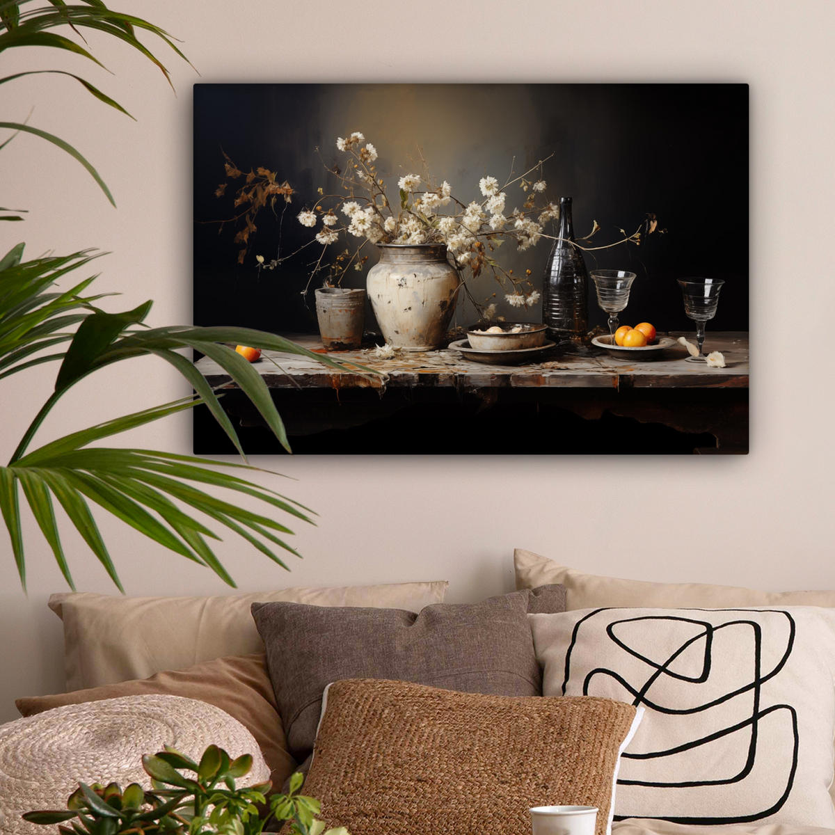 LEINWANDBILD Stilleben - Blumen - Blumenstrauß - Vase - Wein Gemälde 60x40 cm - Schwarz, Textil (60/40cm) - MuchoWow