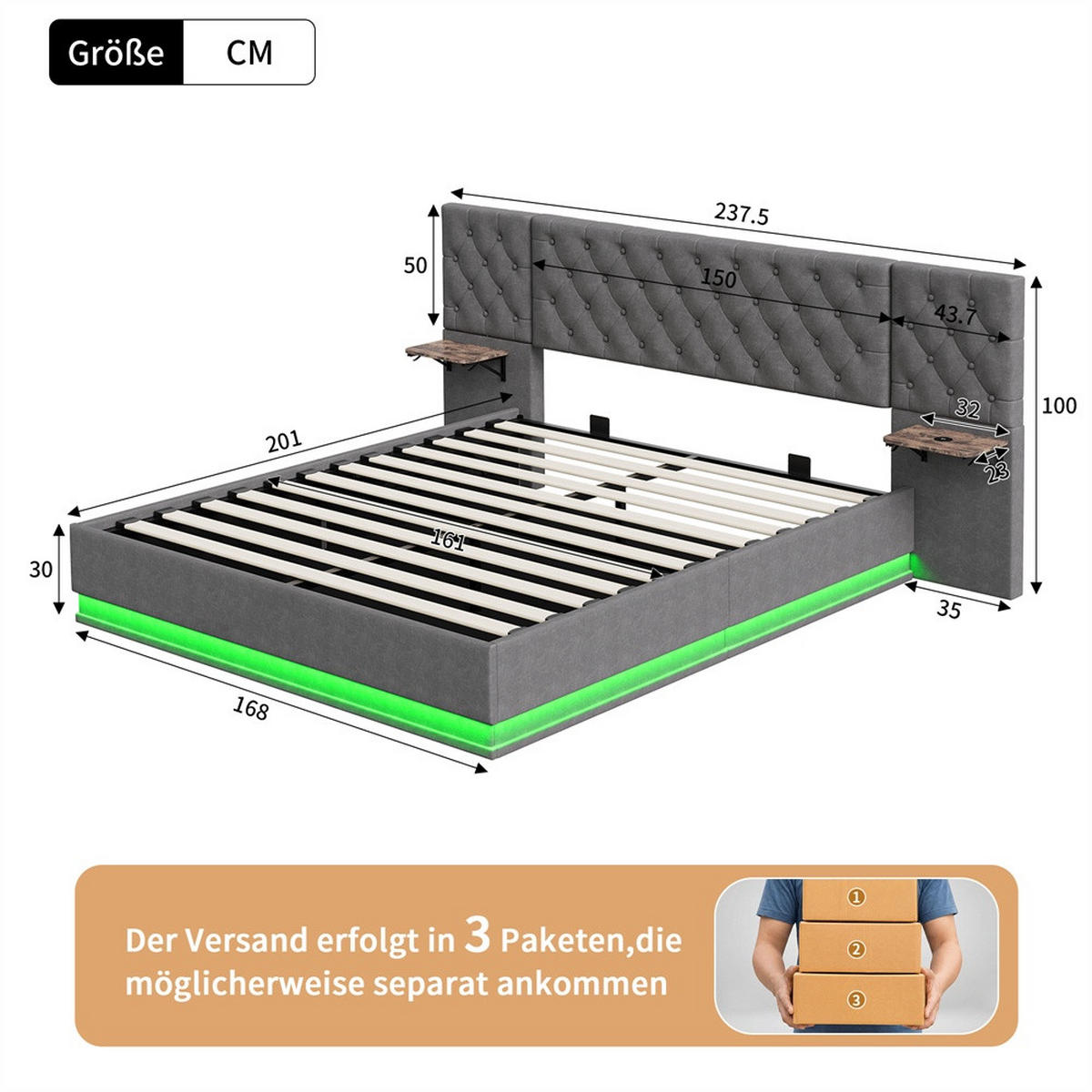 POLSTERBETT 160x200cm mit USB- & Type-C Ladeanschluss -Hydraulik-Stauraum und LED-Beleuchtung - Grau - Grau, Textil (160/200cm) - DELFA