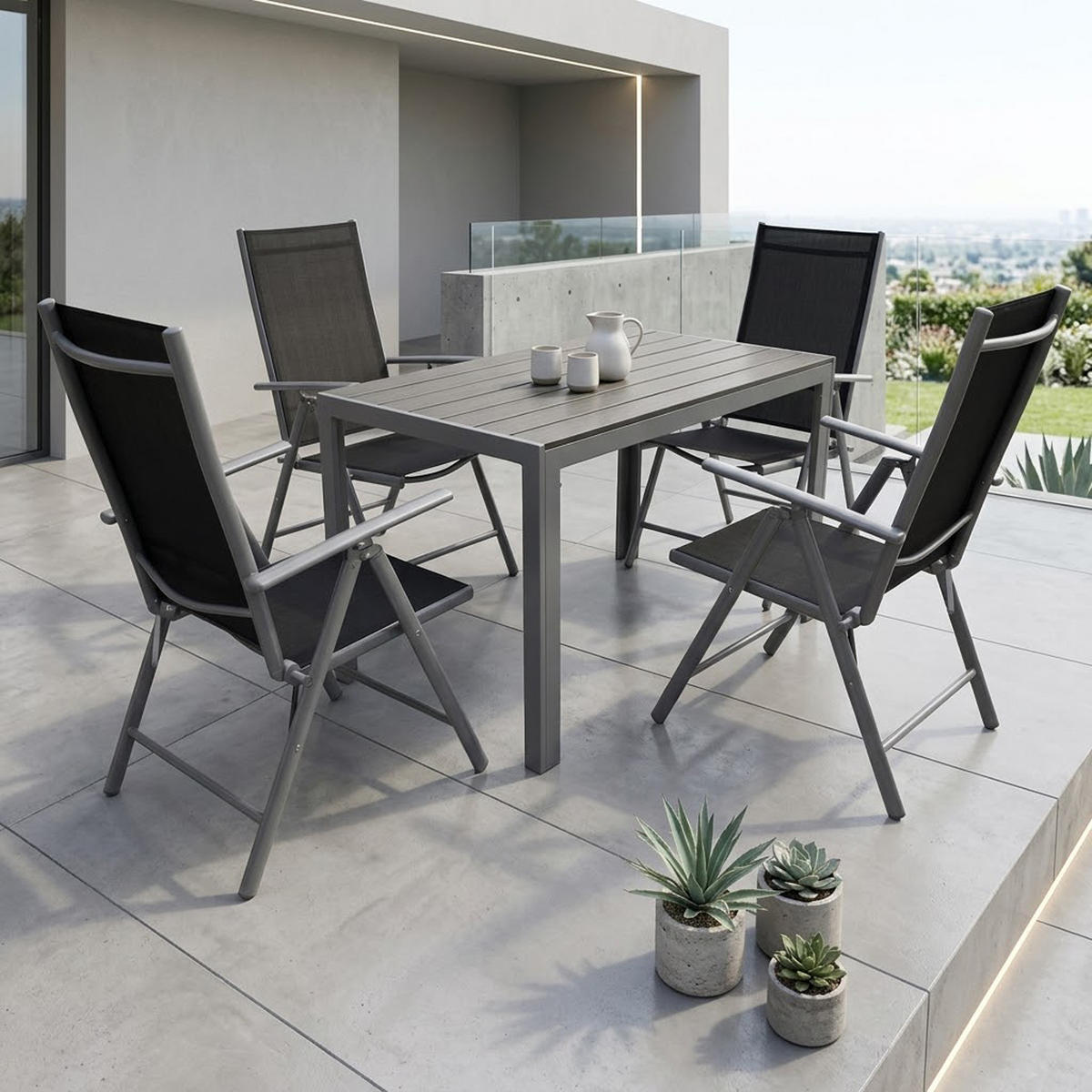 GARTEN-GARNITUR Ashford - 5-tlg. (4x Klappsessel mit Armlehnen, 1x Tisch 125x70cm), Gestelle aus Aluminium grau - Schwarz, Metall - TPFGarden