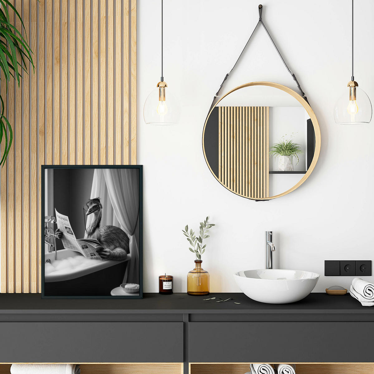 POSTER für Badezimmer WC Strauß in Badewanne Zeitung Abstraktion 20x30cm - Schwarz/Weiß, Papier (20/30/1cm) - Muralo