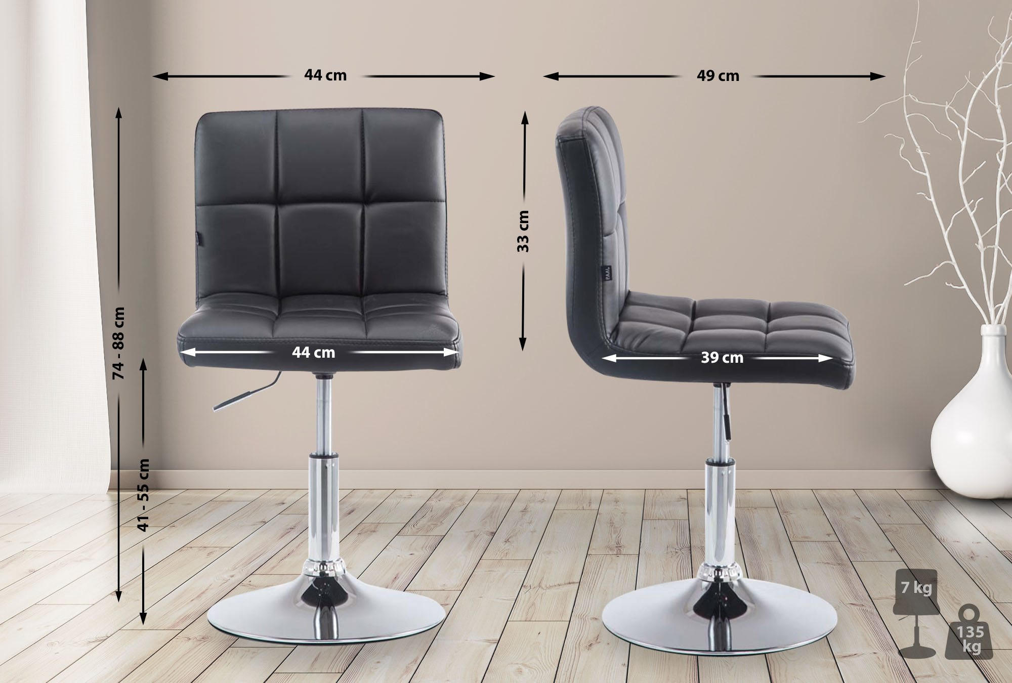 DREHSTUHL Lederlook schwarz - Chromfarben/Schwarz, Textil/Metall (44/74/49cm) - CLP