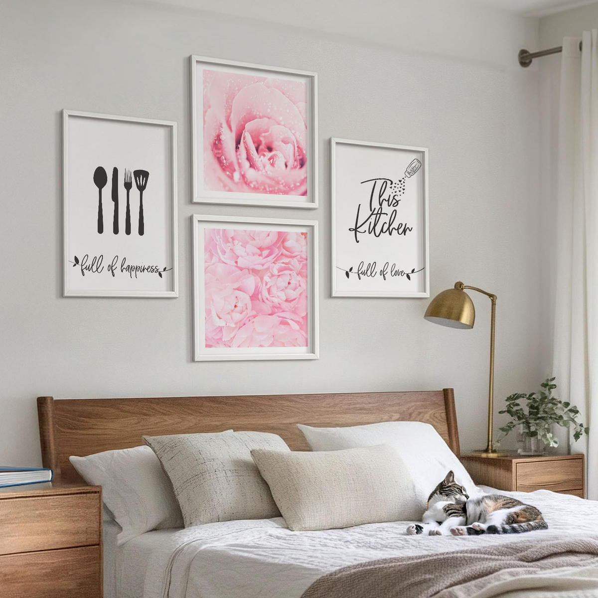 BILDER SET 4er Set - 50x50 cm & 40x60 cm Weißer Rahmen - Zarte Rosenblüten für die Küche - Weiß, Kunststoff (50/50cm) - TULUP