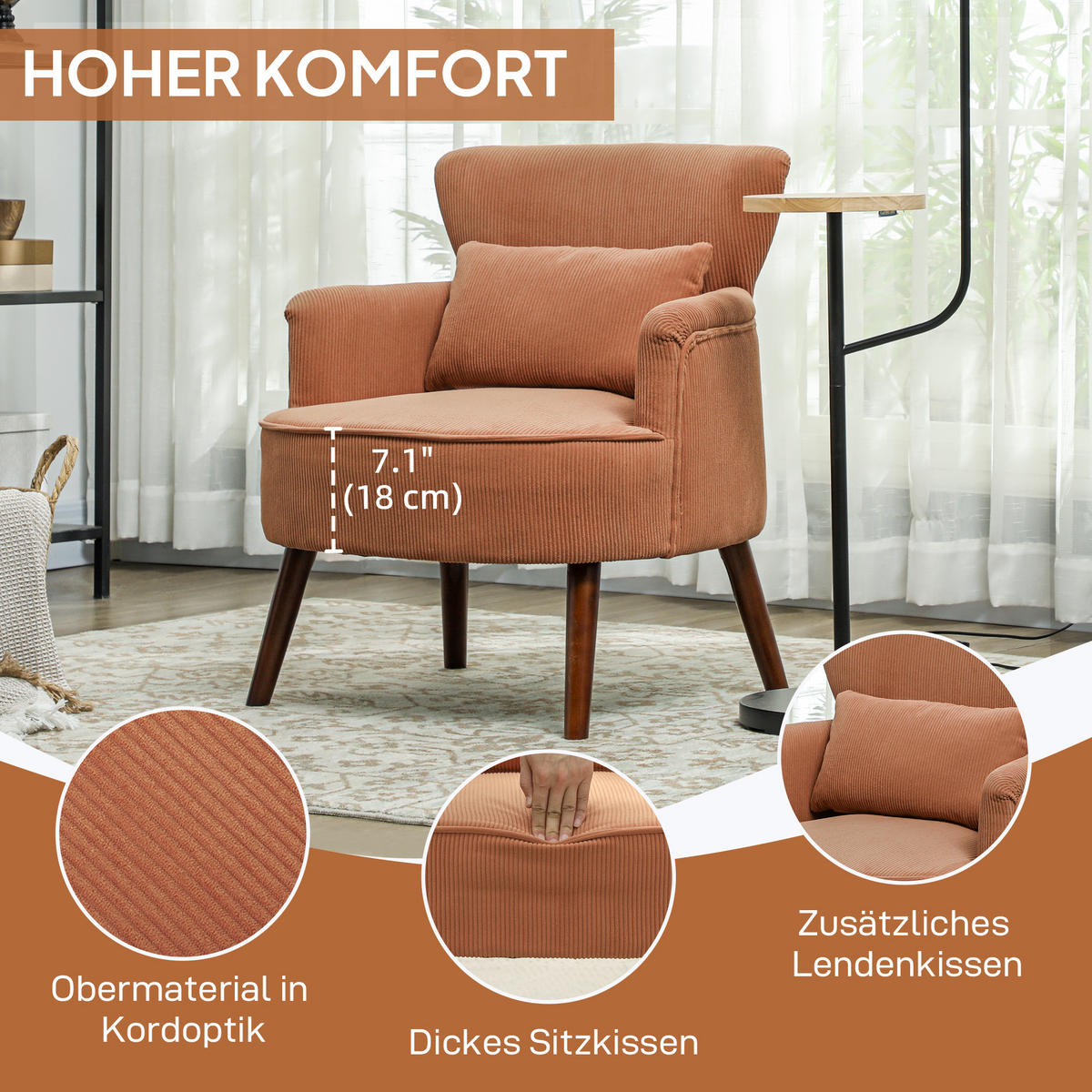 SESSEL mit Rückenlehne, abgerundeten Armlehnen Gepolstert Loungesessel Kordoptik - Orange/Braun, Textil (69/78/69.5cm) - HOMCOM