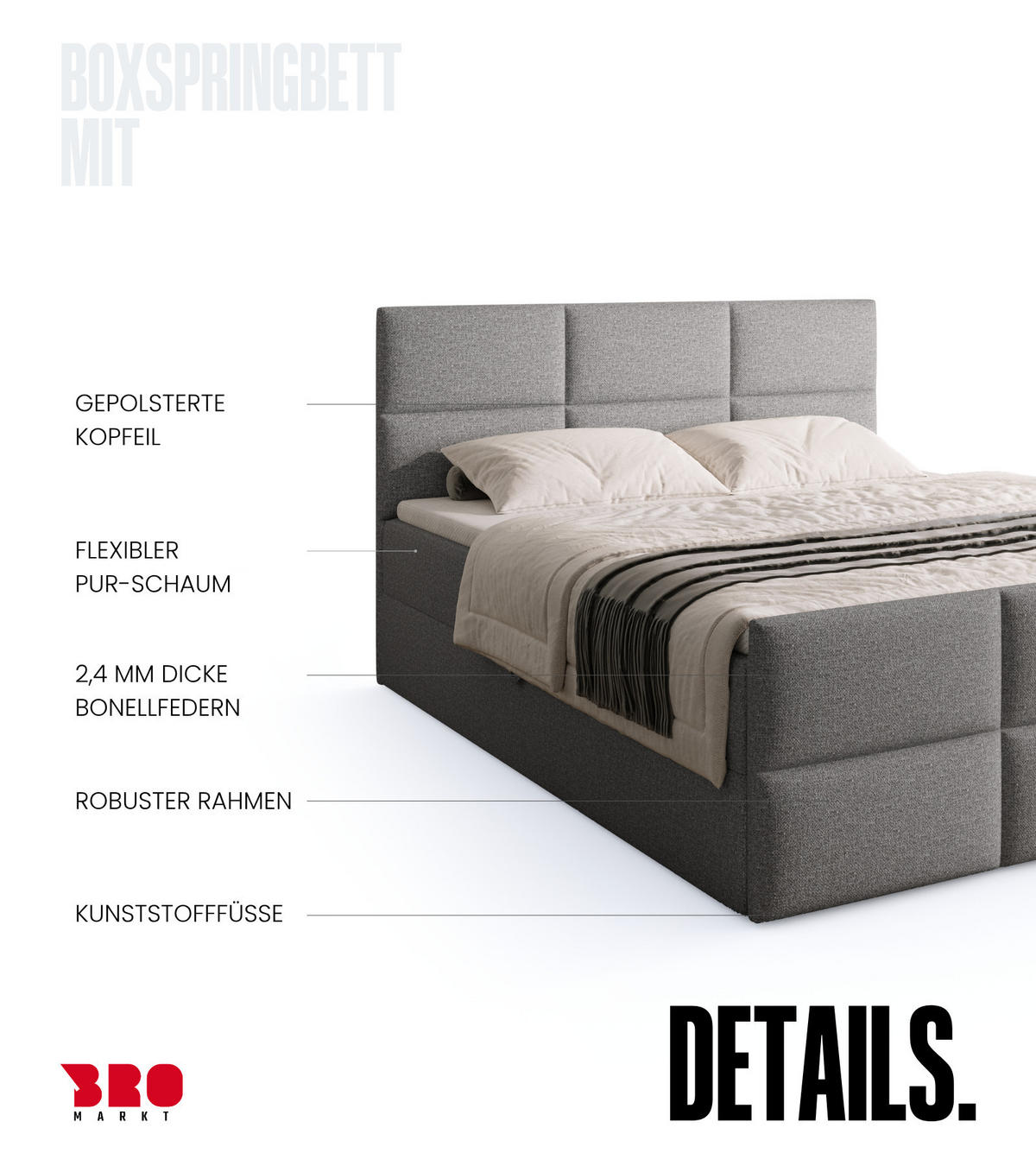 BOXSPRINGBETT Boston Duo Mit Bettkasten, Topper und Matratze Grau Malmo 90 140x200 cm - Schwarz/Grau, Textil (140/200cm) - Bromarkt