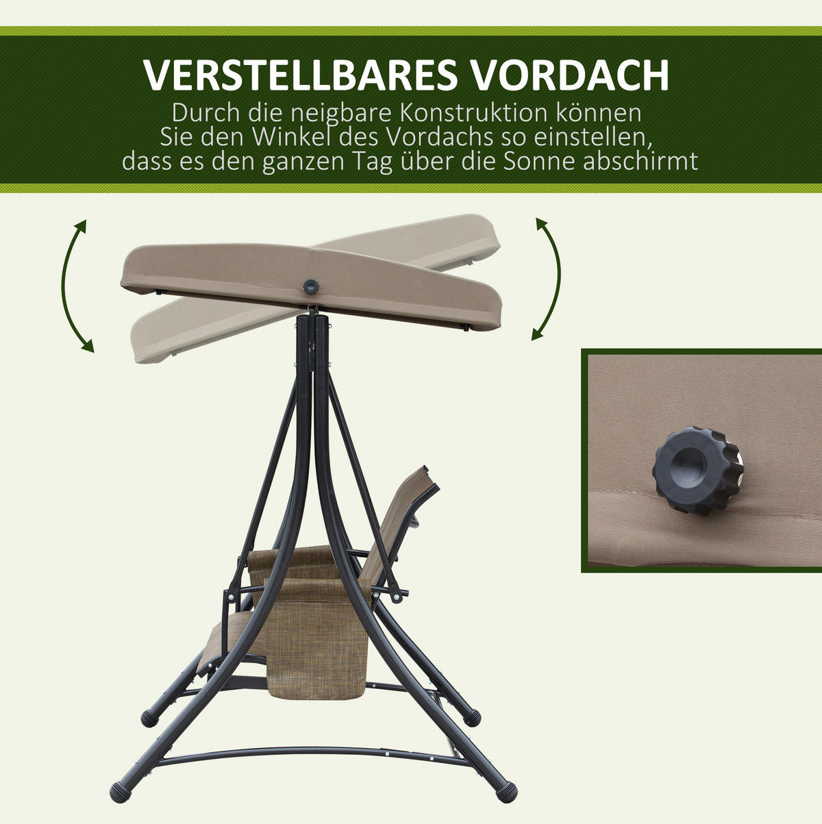 HOLLYWOODSCHAUKEL 196/128/172 cm mit verstellbarem Sonnendach und Seitentaschen aus Polyester, Braun - Braun, Metall (128/172/196cm) - Redom