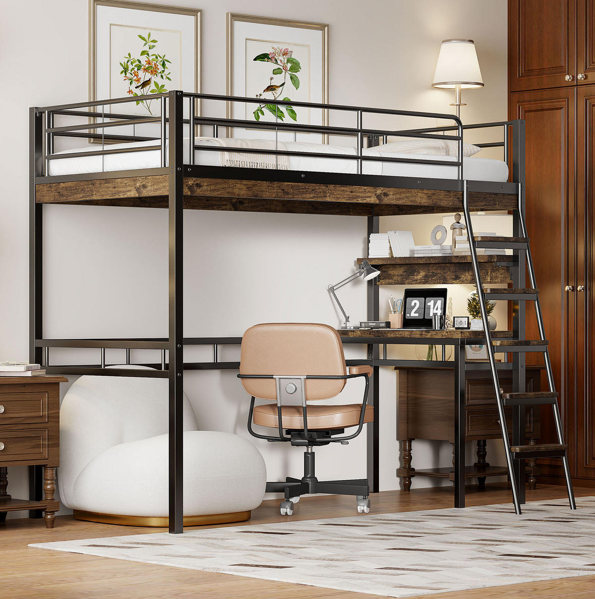 HOCHBETT 90/200 cm aus Metall mit Schreibtisch und Regalen in Schwarz - Schwarz, Metall (90/200cm) - Flora Grace