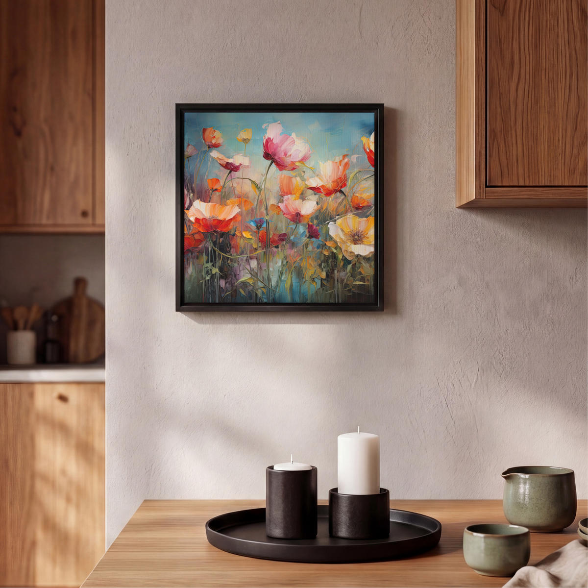 LEINWAND Bilder mit Rahmen - Blumen - Aquarell - Kunst - Botanisch - Natur - 20x20 - Orange, Textil (20/20cm) - MuchoWow