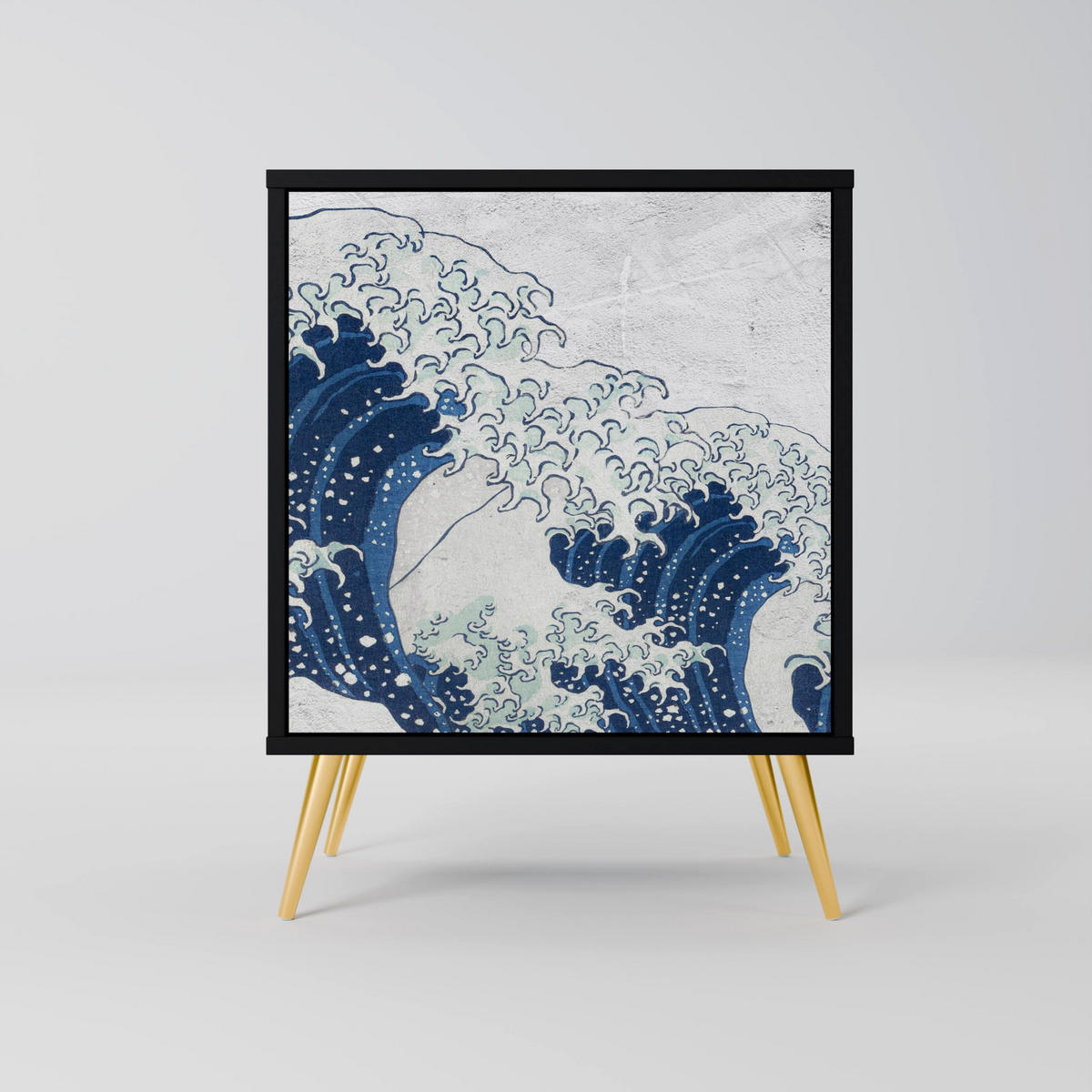 SIDEBOARD THE GREAT WAVE AT KANAGAWA, Schwarz, 57,5x42x70,5 cm, Schwarze Metall-Sternfüße - Multicolor/Schwarz, Holzwerkstoff/Metall (57.5/70.5/42cm) - SpaceRebels
