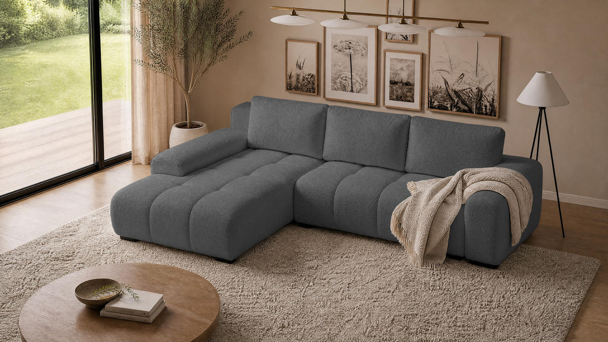 ECKSOFA Ovia mit Bettkasten und Schlaffunktion, Bouclé-Stoff in L-Form - Dunkelgrau, Textil (270/185cm)