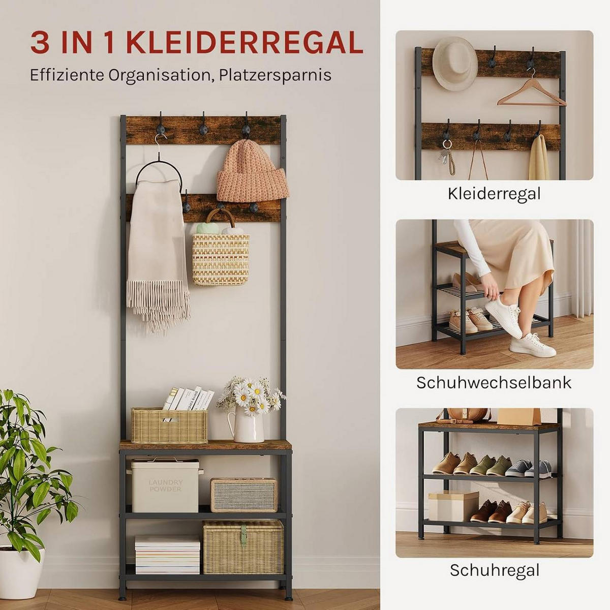 KLEIDERSTÄNDER mit Sitzfläche, Rustikales Braun - Dunkelbraun, Holzwerkstoff/Metall (60/170/31.5cm) - Woltu