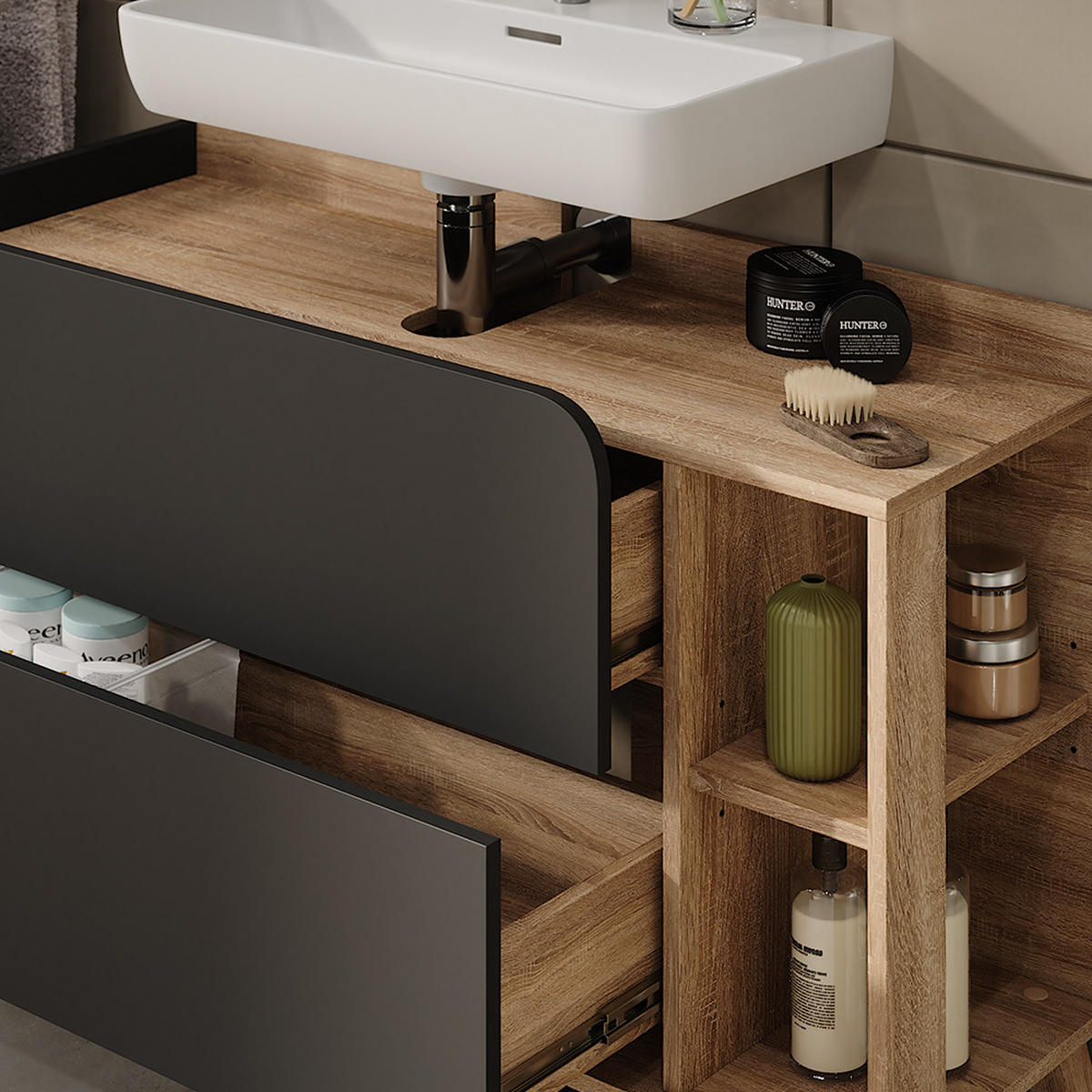 WASCHBECKENUNTERSCHRANK Karen Sonoma/Anthrazit 100 x 65 cm mit 2 Schubladen - Anthrazit, Holzwerkstoff (100/65/35cm) - Vicco