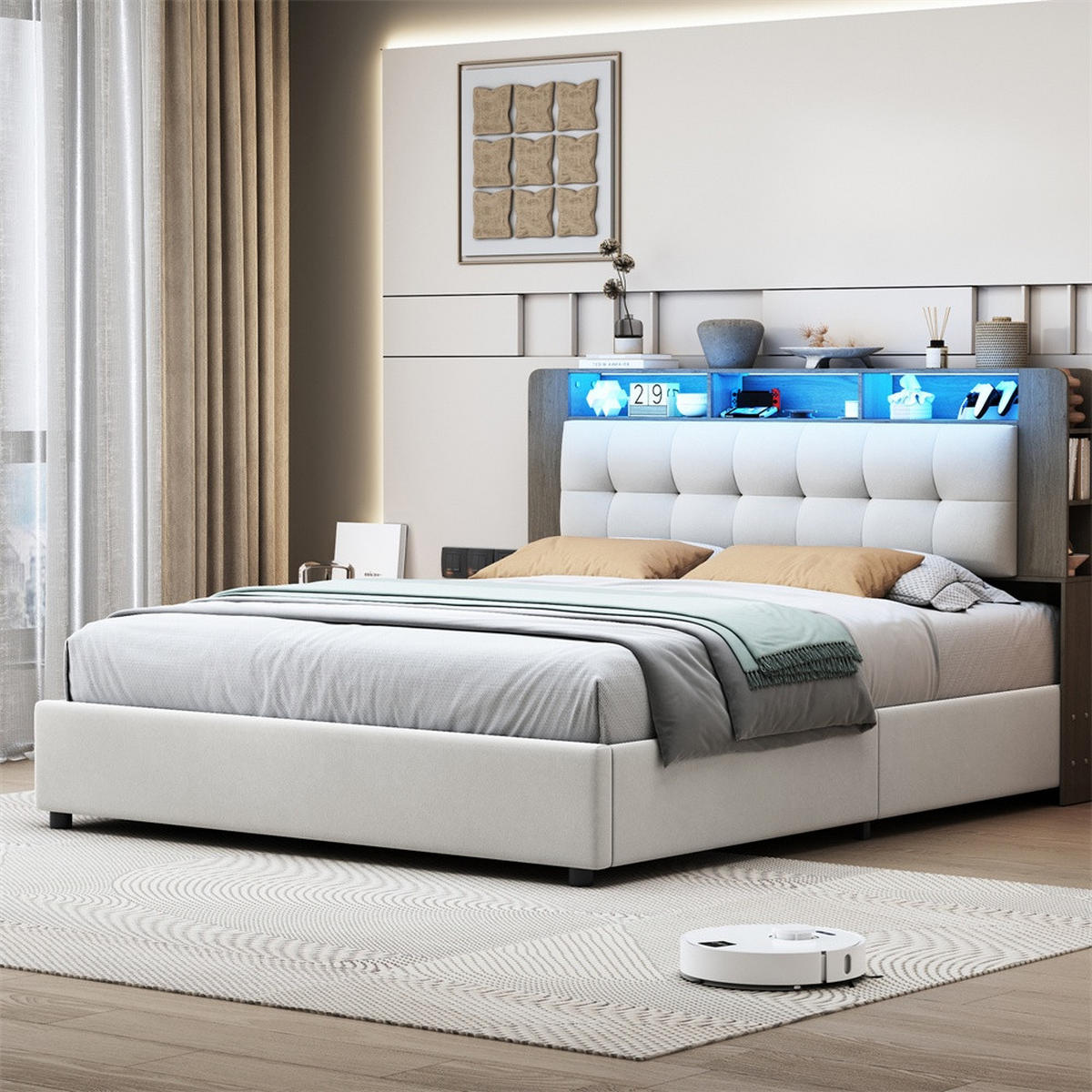 POLSTERBETT 140x200 cm - mit LED-Ablagekopfteil und hydraulischem Bettkasten - ohne Matratze - Off-White - Creme, Textil (140/200cm) - DELFA