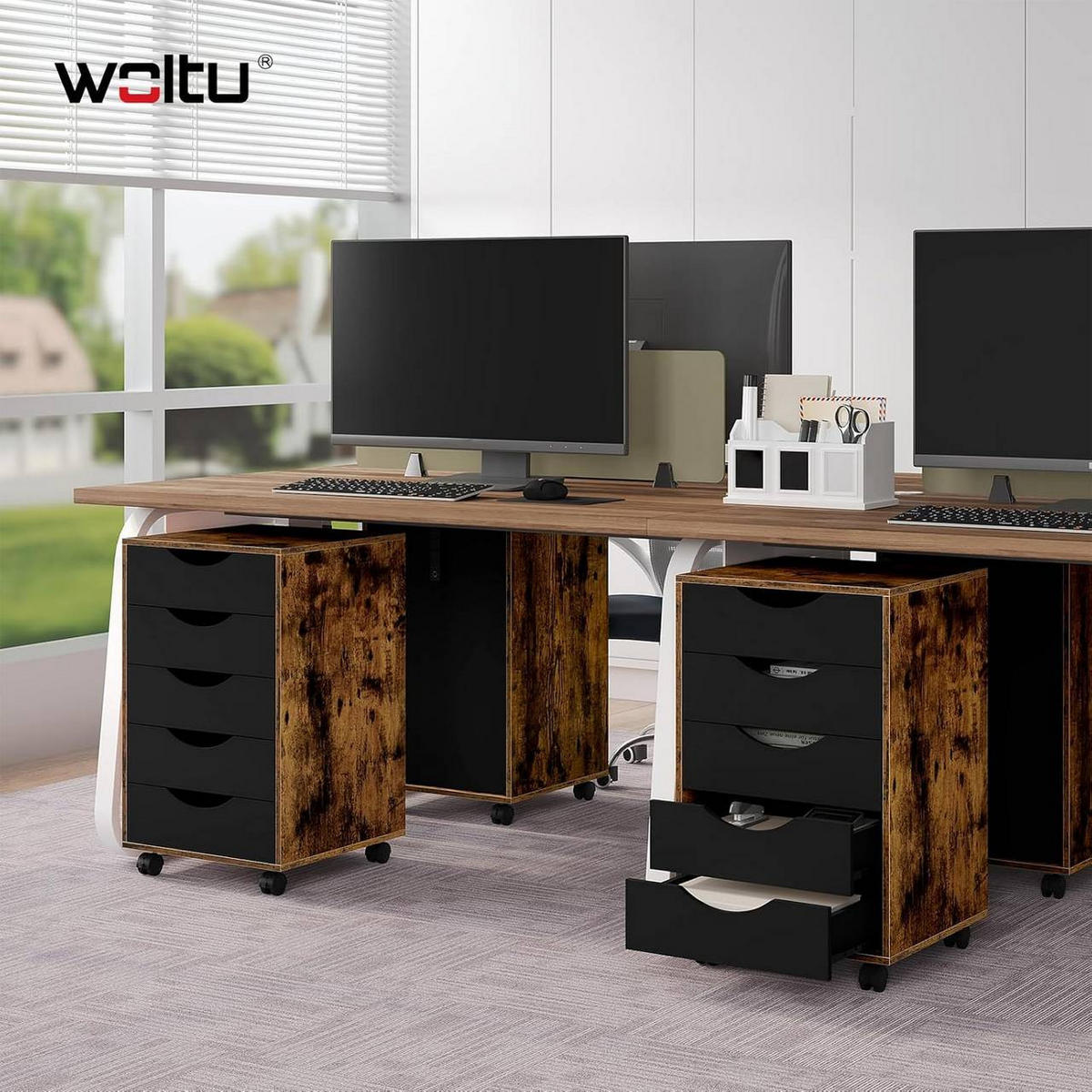 ROLLCONTAINER mit 5 Schubladen, Rustikales Braun - Dunkelbraun/Schwarz, Holzwerkstoff (40/66.5/40cm) - Woltu