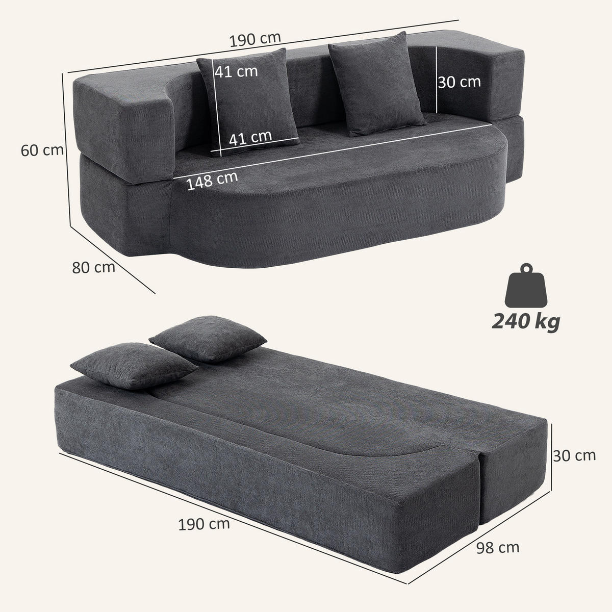 SCHLAFSOFA Polyester Dunkelgrau - Dunkelgrau, Textil (80/60/190cm) - HOMCOM