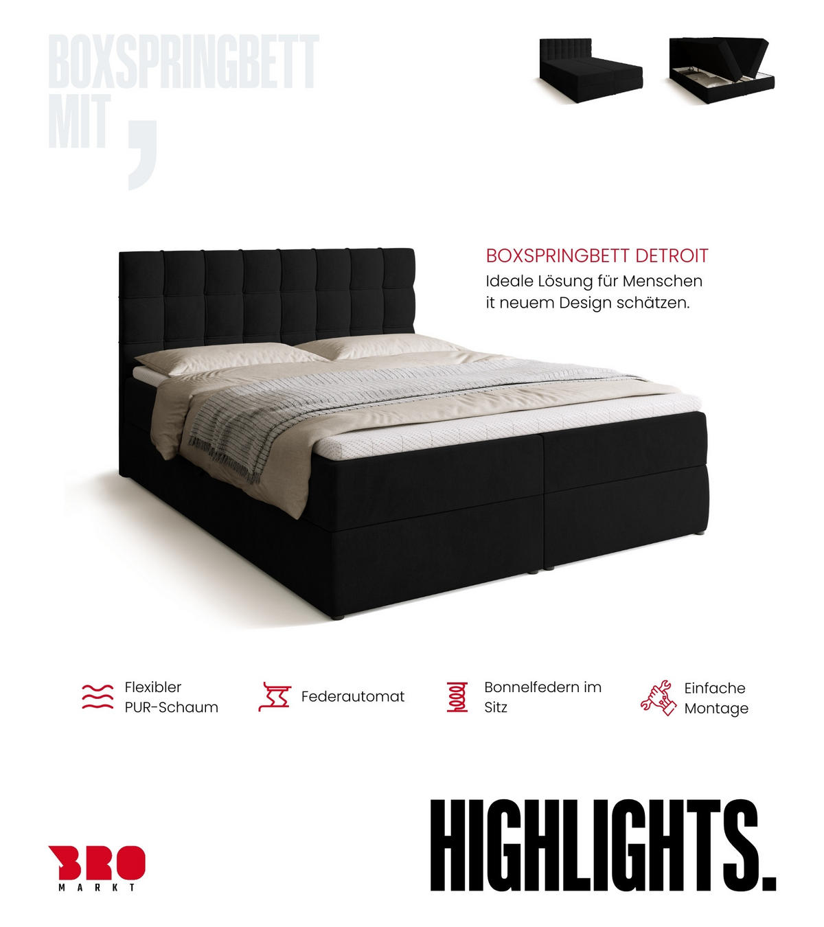 BOXBETT Detroit mit Topper 160/200 Schwarz - Schwarz, Holzwerkstoff/Textil (160/200cm) - Bromarkt