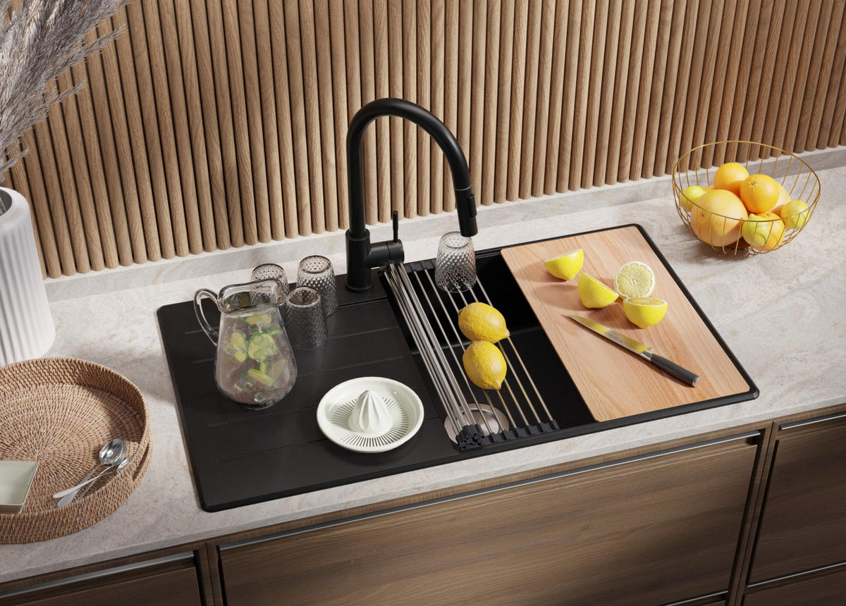 SPÜLBECKEN Kopenhagen, 2-er set Alles Schwarz 90/50 cm 1 Becken + Ablauf-Set + Schneidebrett ab 60er Unterschrank - Beige/Schwarz, Kunststoff (90/20/50cm) - Primagran