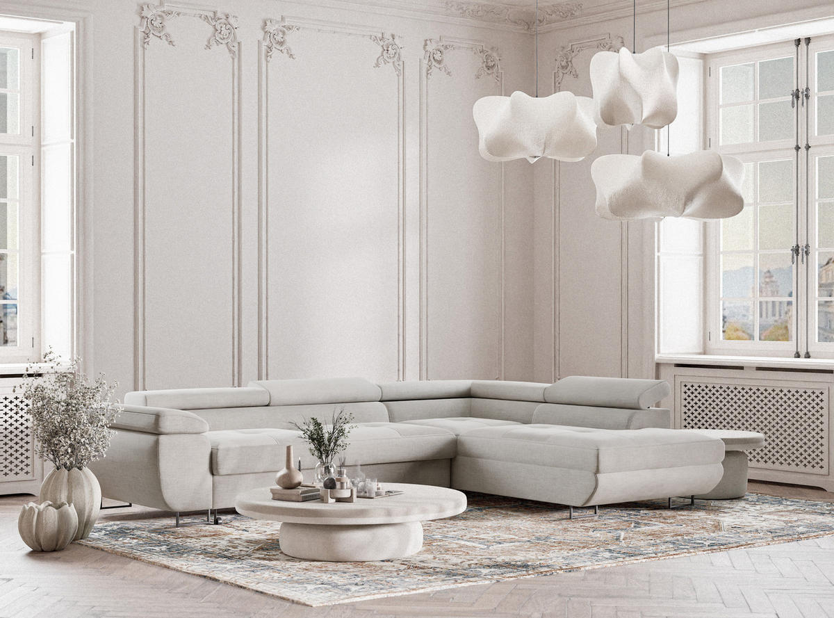 ECKSOFA Concord Beige grau Chenille-Stoff - Rechts Seite - Greige/Schwarz, Holz/Holzwerkstoff (277/203cm) - Maison de Reve