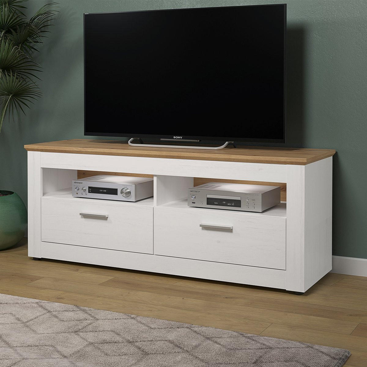 TV-MÖBEL 2 Schubladen und 2 Fächer, helles Holzdekor und Weiß, L148 cm - Shade - Weiß, Holzwerkstoff (45/59/148cm) - Calicosy