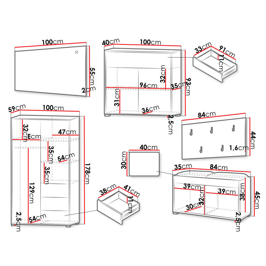 Thumbnail - Mirjan24 Garderoben-Set, Weiß, Rosa, Holzwerkstoff, 2-Sitzer, Rechteckig, 100x178x59 cm, Garderobe, Garderoben-Sets & Se...