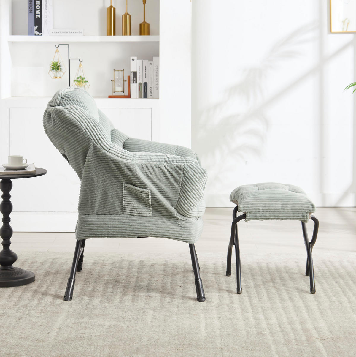 SESSELSET mit Hocker 70/64/95 cm in Hellgrün mit Seitenfach und Stahlgestell - Hellgrün, Textil (69.9/95/64cm) - Flora Grace