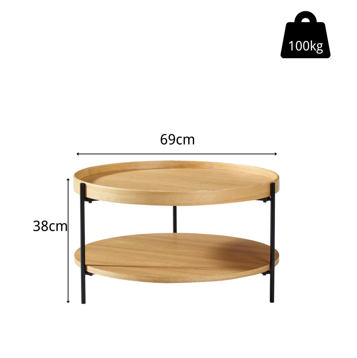 COUCHTISCH 69/69/38 cm mit 2 Ablagen, Holzoptik und Metallgestell, Natur - Naturfarben, Holzwerkstoff (69/69/38cm) - Modfu