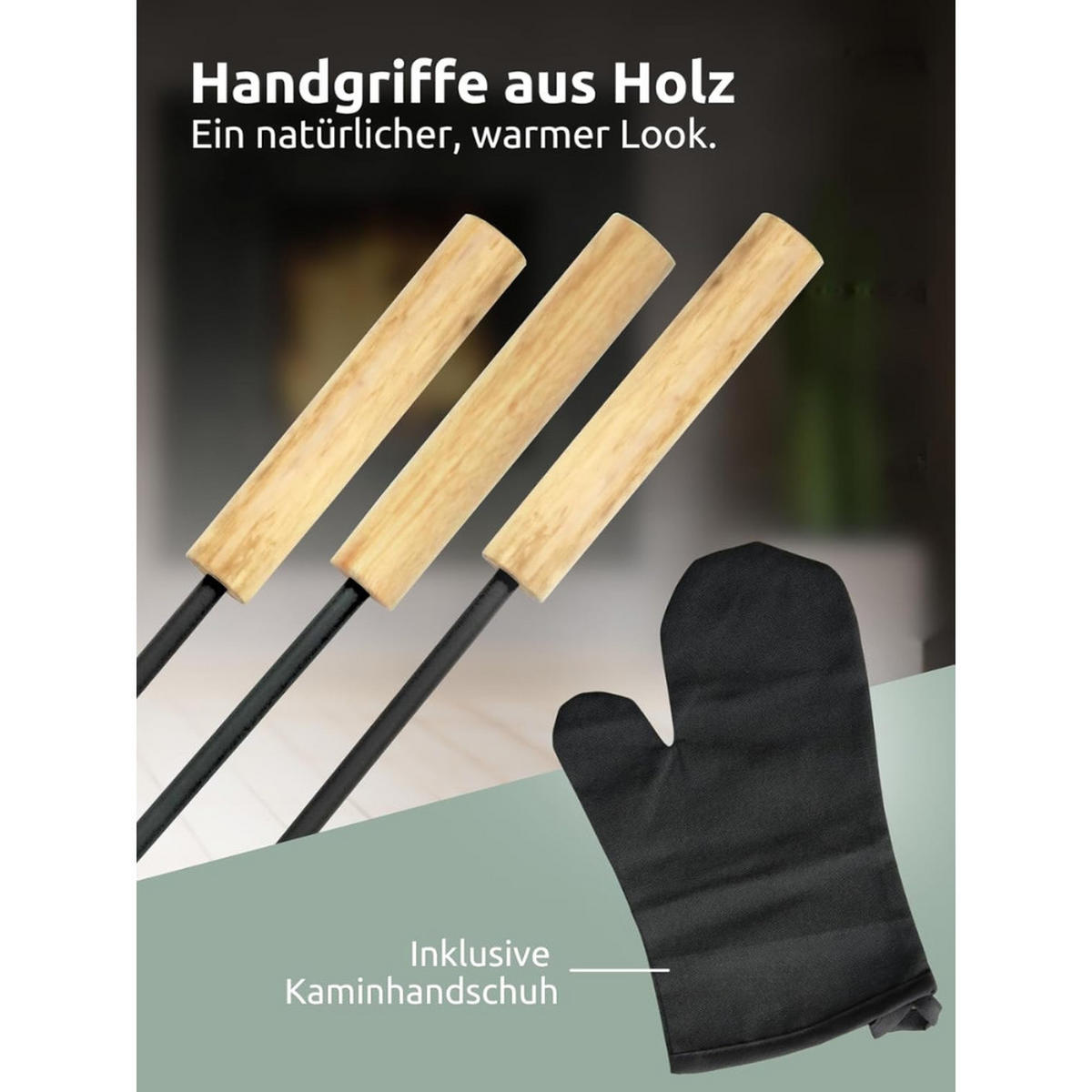 KAMINBESTECK modern IGOR 5-tlg. mit Holzgriff Schürhaken Besen Ascheschaufel Anthrazit - Anthrazit, Metall (20/50/20cm) - DELUKE