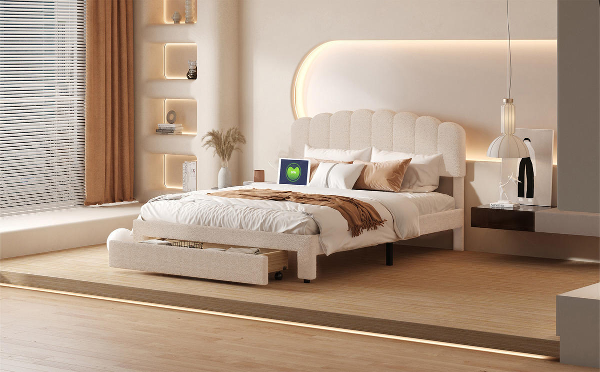 POLSTERBETT 140x200 cm Beige Teddy USB Schublade - Beige, Holz (140/200cm) - SHOPENTRA