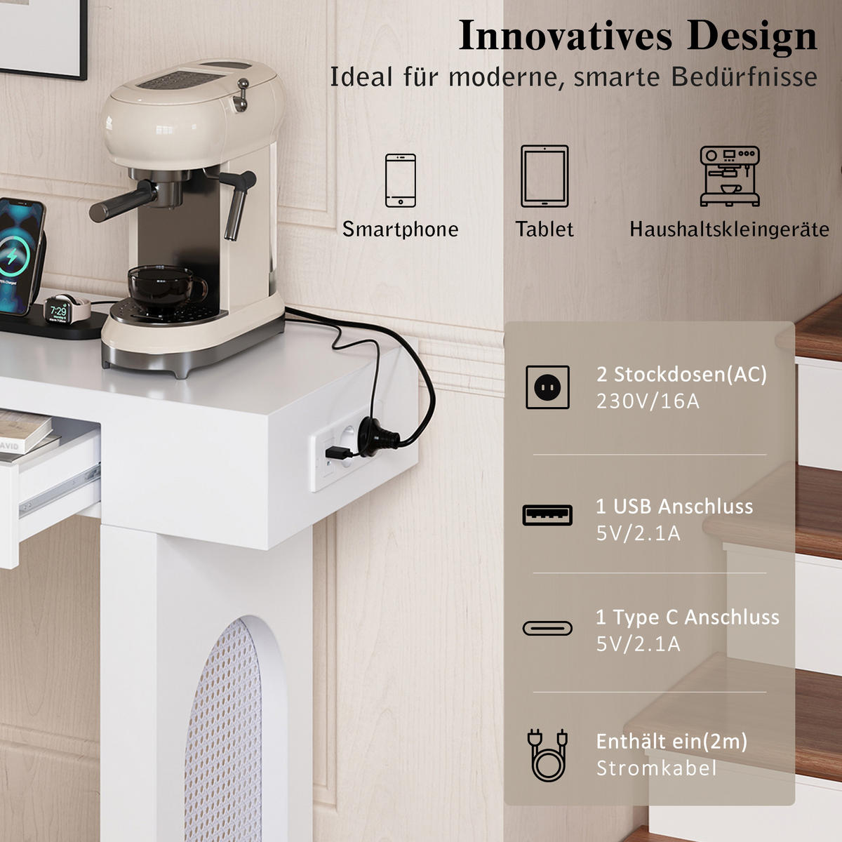 KONSOLENTISCH 120/35,5/76,5 cm Weiß aus MDF mit 2 Schubladen und Steckdosenleiste - Weiß, Holzwerkstoff (120/35.5/76.5cm) - OKWISH