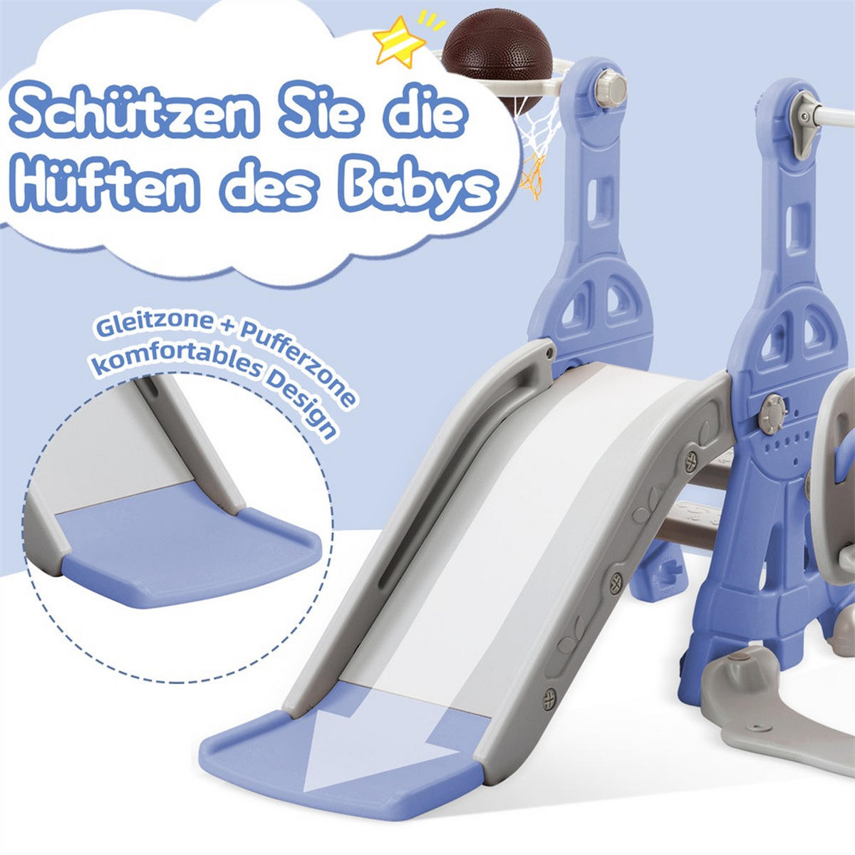 KINDERRUTSCHE mit Klettergerüst, Schaukel, Basketballkorb und Leiter - Blau-Grau - 4-in-1 Multifunktions-Spielplatz - Blau, Kunststoff (118/85/140cm) - DELFA