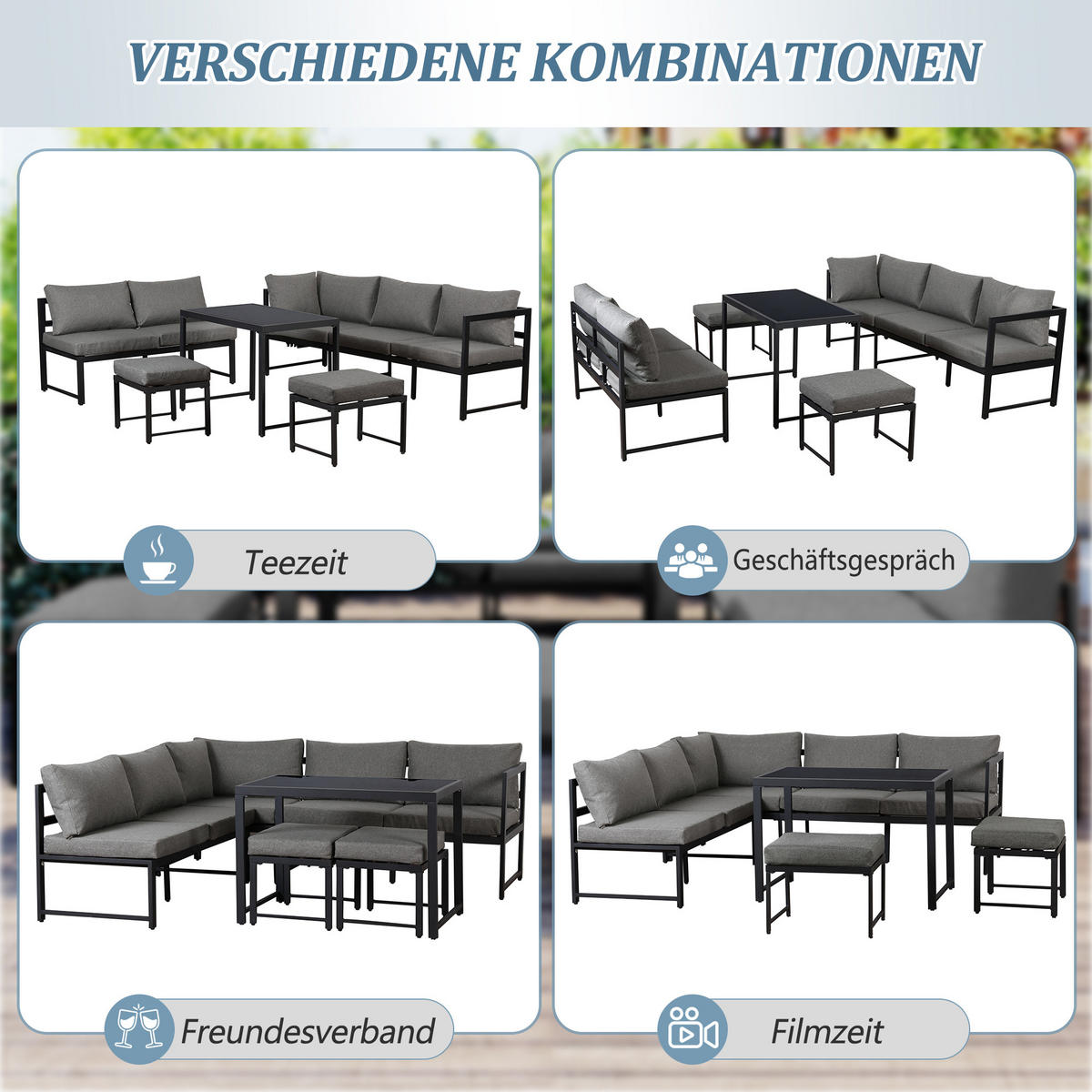 GARTEN-LOUNGE-SET Aluminium mit verstellbarer Rückenlehne, Tisch & Hocker, 199/60/66 cm, Schwarz/Grau - Grau, Metall - Redom