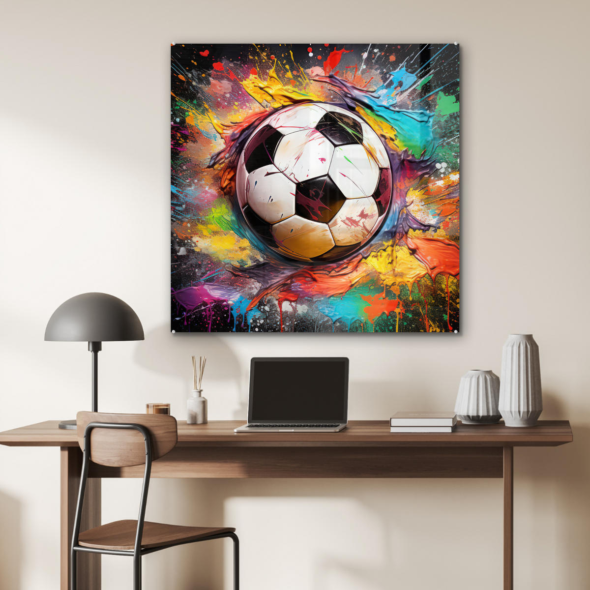 ACRYLGLASBILD Fußball - Farbe - Farben - Schwarz - Weiß 90x90 cm - Weiß, Glas (90/90cm) - MuchoWow